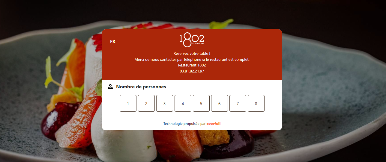 Interface de réservation en ligne du Restaurant 1802