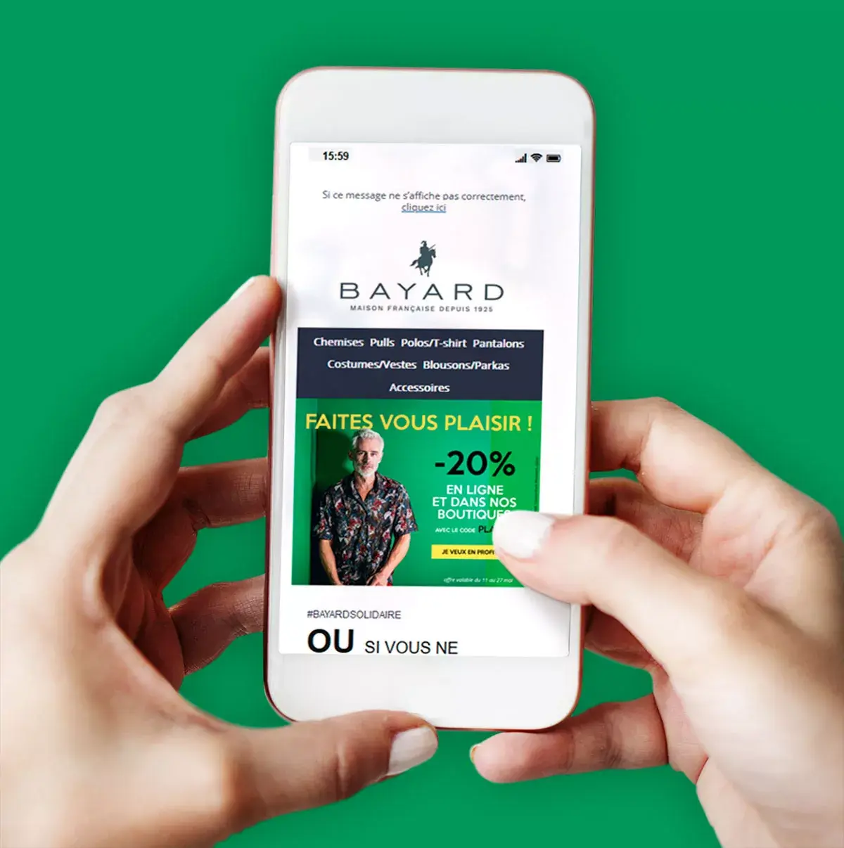 Newsletter Bayard affichée sur un téléphone devant un fond vert
