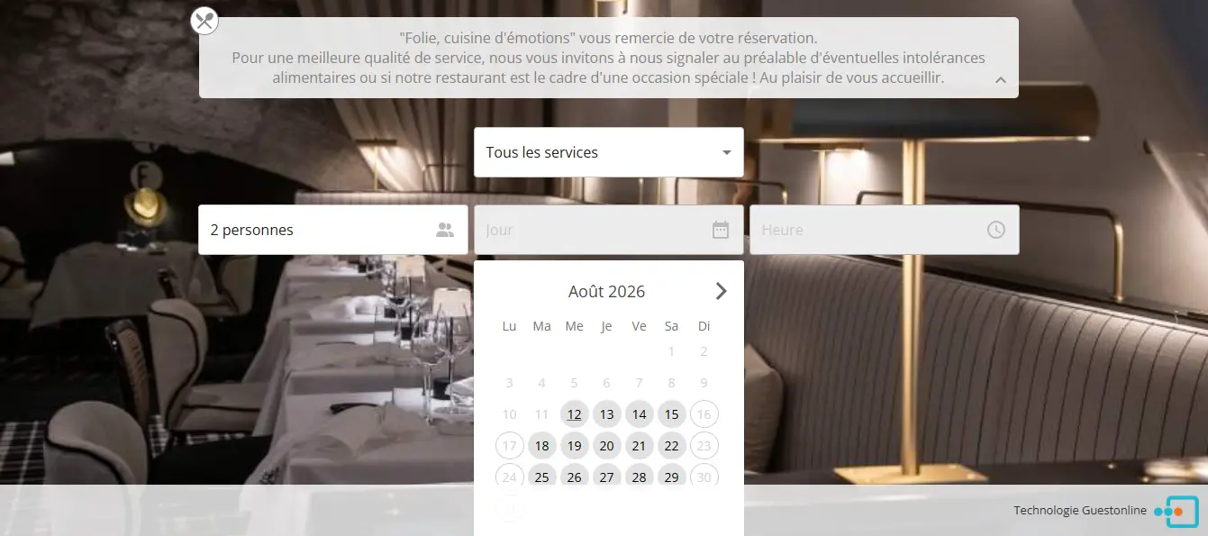 Interface de réservation du restaurant Folie